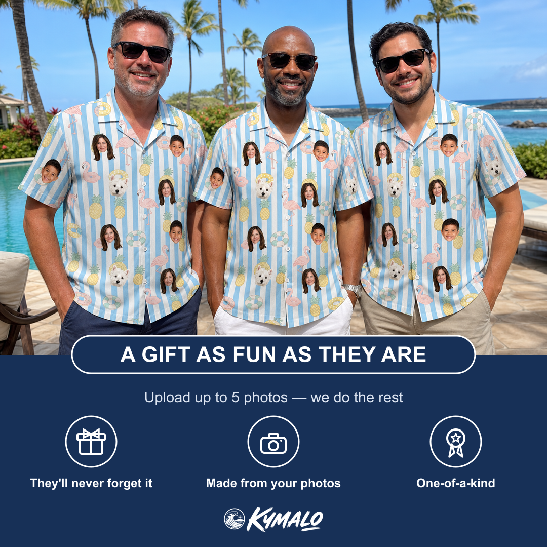 Friends in matching Men's Flamingo Fizz Custom Face Hawaiian Shirt — a group gift photo