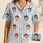 Woman wearing Women's Flamingo Fizz Custom Face Hawaiian Shirt — custom faces printed all-over