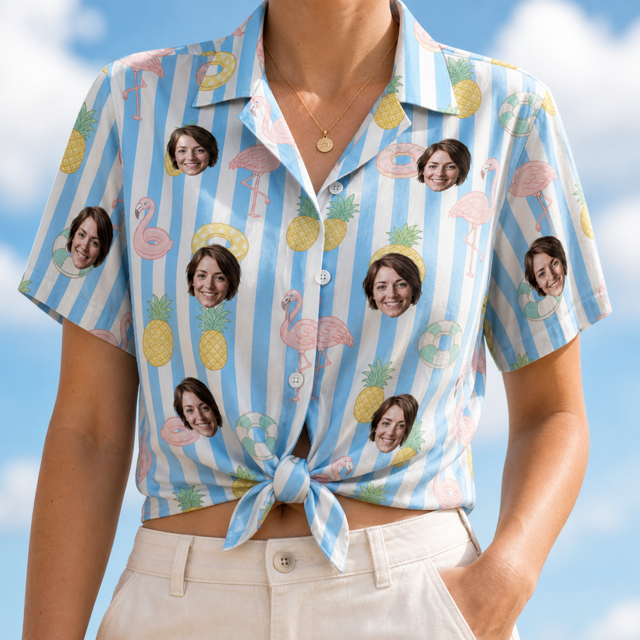 Woman wearing Women's Flamingo Fizz Custom Face Hawaiian Shirt tied at the waist