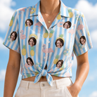 Woman wearing Women's Flamingo Fizz Custom Face Hawaiian Shirt tied at the waist