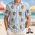 Man wearing Men's Flamingo Fizz Custom Face Polo Shirt — custom faces printed all-over