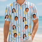 Model wearing Men's Flamingo Fizz Custom Face Polo Shirt printed with kids' faces
