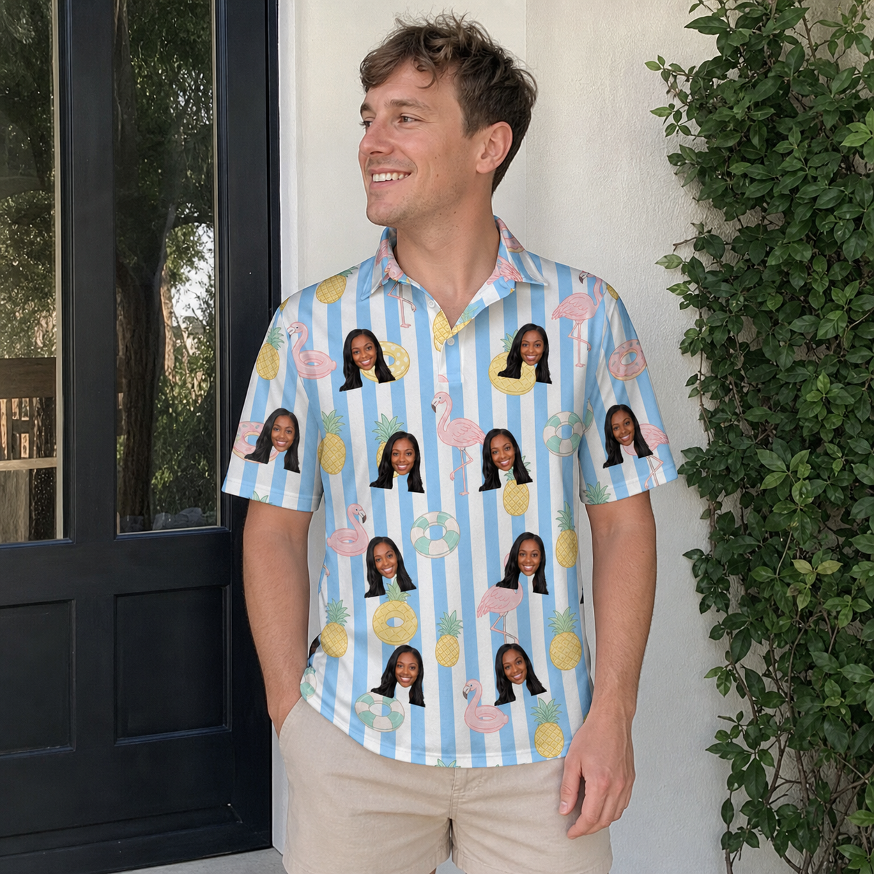 Real-life photo of someone wearing Men's Flamingo Fizz Custom Face Polo Shirt — custom faces printed all-over