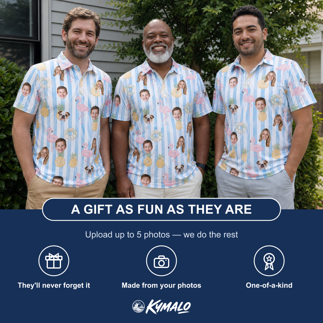 Friends in matching Men's Flamingo Fizz Custom Face Polo Shirt — a group gift photo