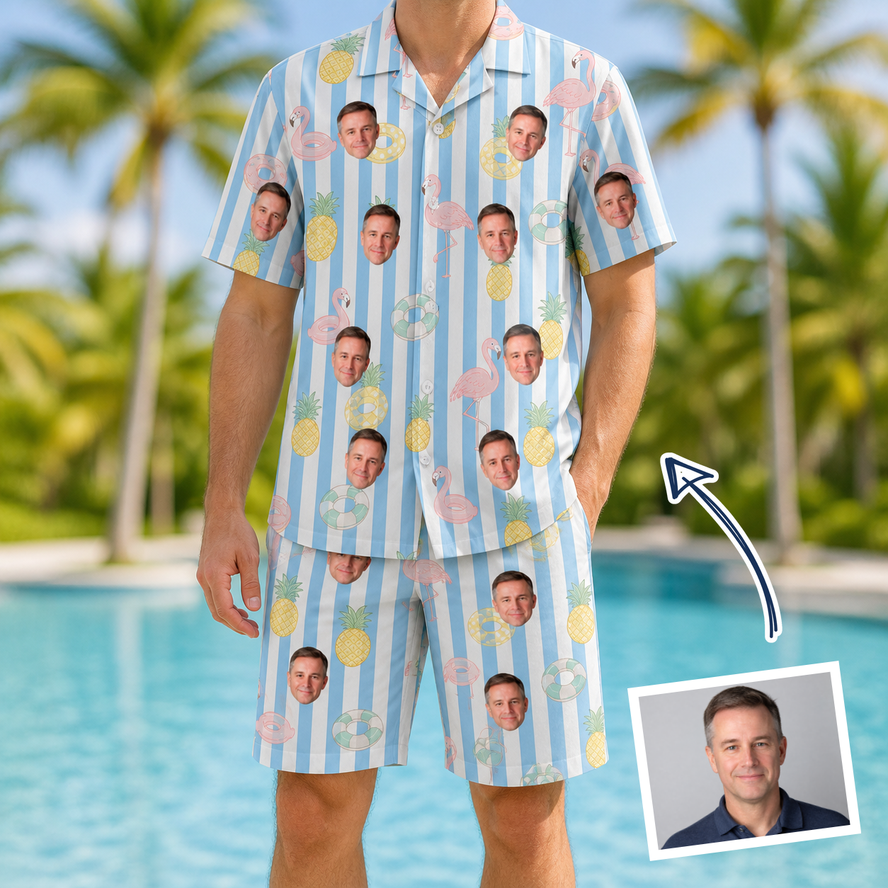 Man wearing Men's Flamingo Fizz Custom Face Shirt & Shorts Set — custom faces printed all-over