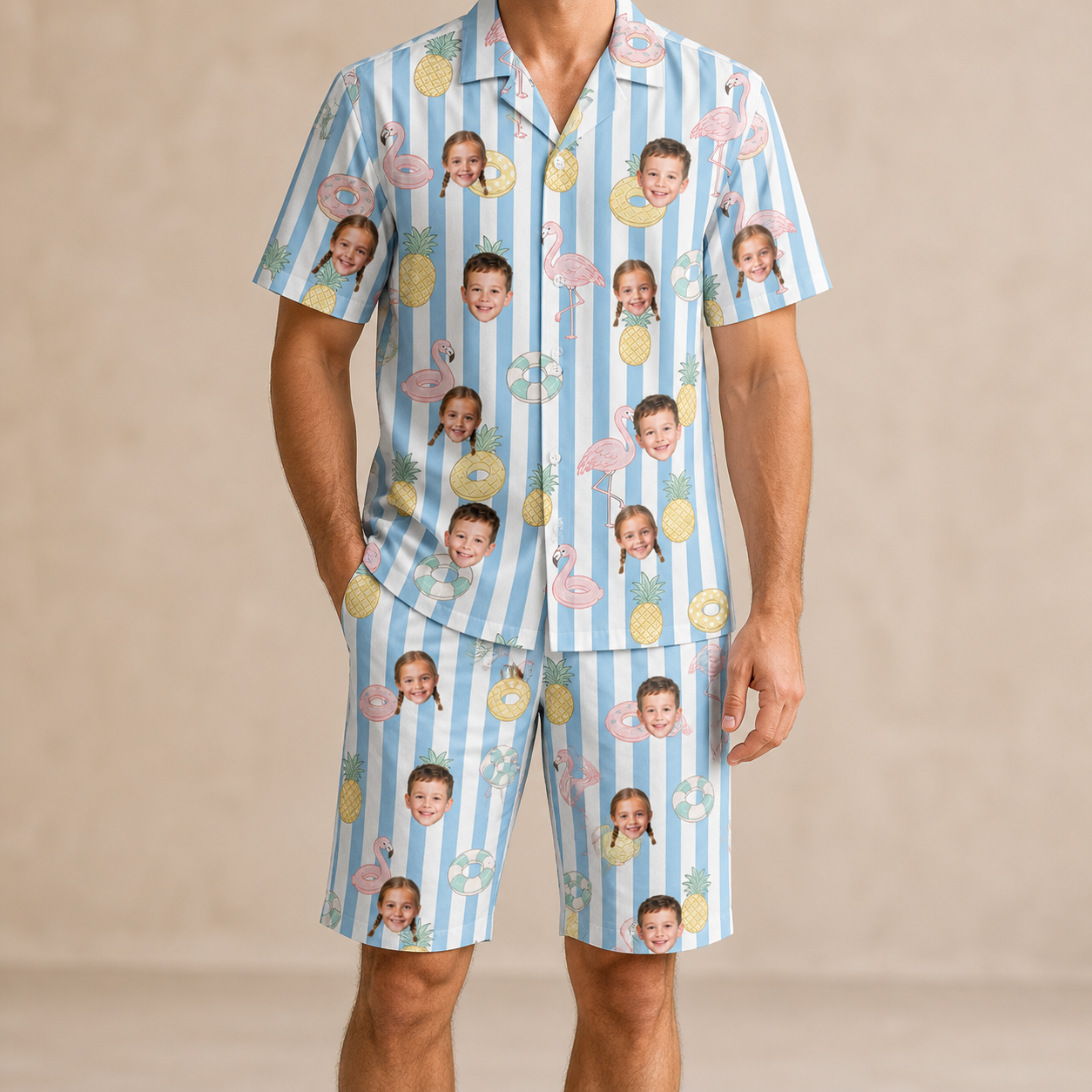 Model wearing Men's Flamingo Fizz Custom Face Shirt & Shorts Set printed with kids' faces