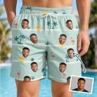Man wearing Men's Roseate Runners Custom Face Beach Shorts — custom faces printed all-over