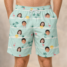 Model wearing Men's Roseate Runners Custom Face Beach Shorts printed with kids' faces