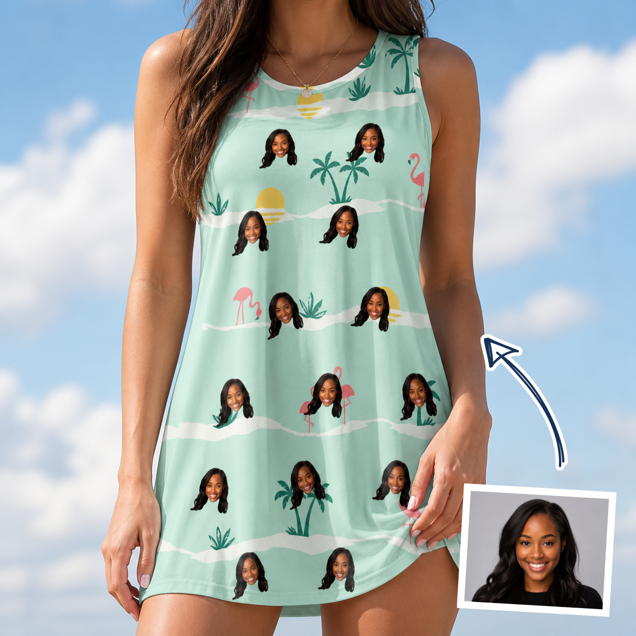 Woman wearing Women's Roseate Runners Custom Face Tank Dress — custom faces printed all-over
