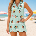 Model wearing Women's Roseate Runners Custom Face V-Neck Dress printed with kids' faces
