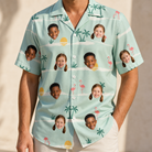 Model wearing Men's Roseate Runners Custom Face Hawaiian Shirt printed with kids' faces