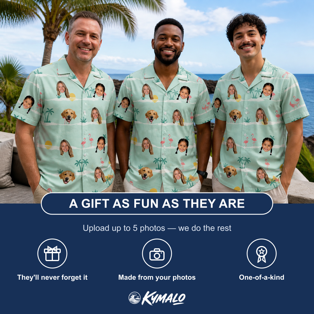 Friends in matching Men's Roseate Runners Custom Face Hawaiian Shirt — a group gift photo