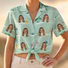 Woman wearing Women's Roseate Runners Custom Face Hawaiian Shirt tied at the waist