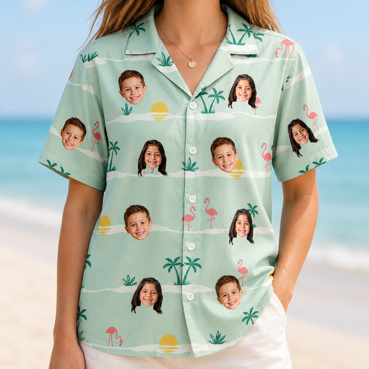 Model wearing Women's Roseate Runners Custom Face Hawaiian Shirt printed with kids' faces