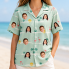 Model wearing Women's Roseate Runners Custom Face Hawaiian Shirt printed with kids' faces