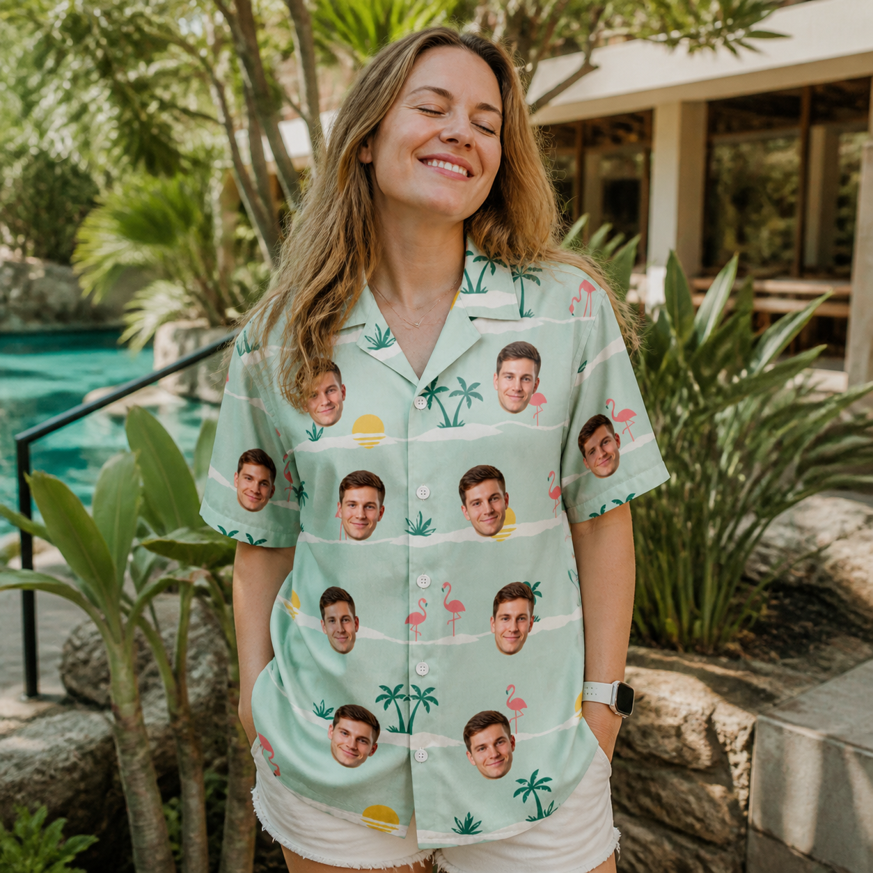 Real-life photo of someone wearing Women's Roseate Runners Custom Face Hawaiian Shirt — custom faces printed all-over