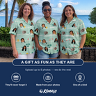 Friends in matching Women's Roseate Runners Custom Face Hawaiian Shirt — a group gift photo