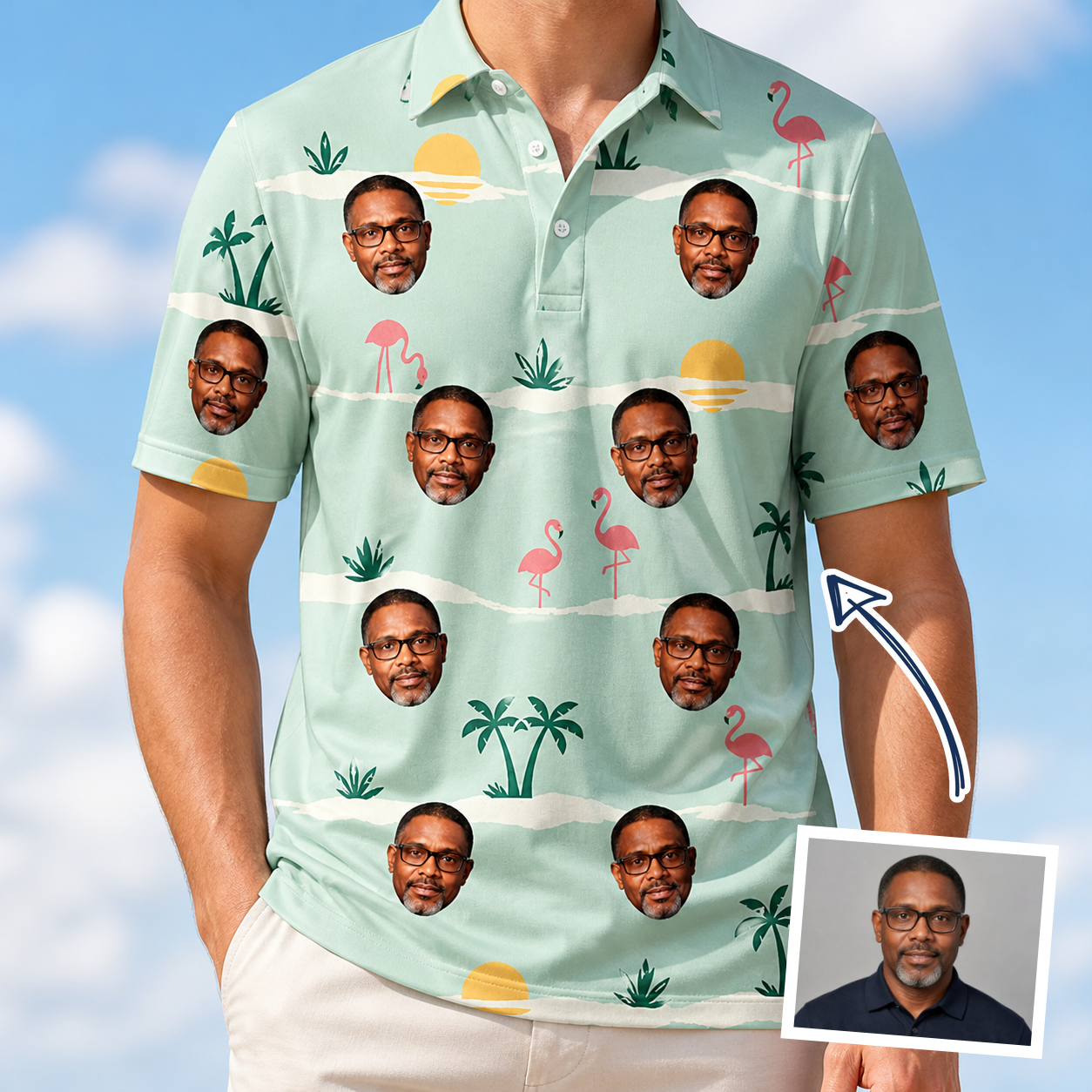 Man wearing Men's Roseate Runners Custom Face Polo Shirt — custom faces printed all-over