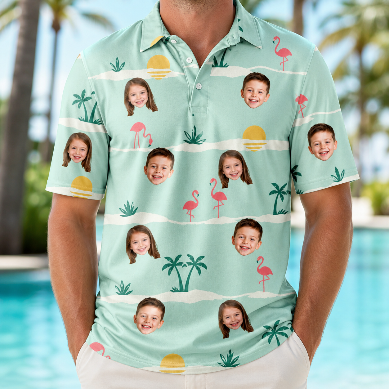 Model wearing Men's Roseate Runners Custom Face Polo Shirt printed with kids' faces