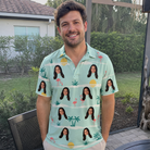 Real-life photo of someone wearing Men's Roseate Runners Custom Face Polo Shirt — custom faces printed all-over