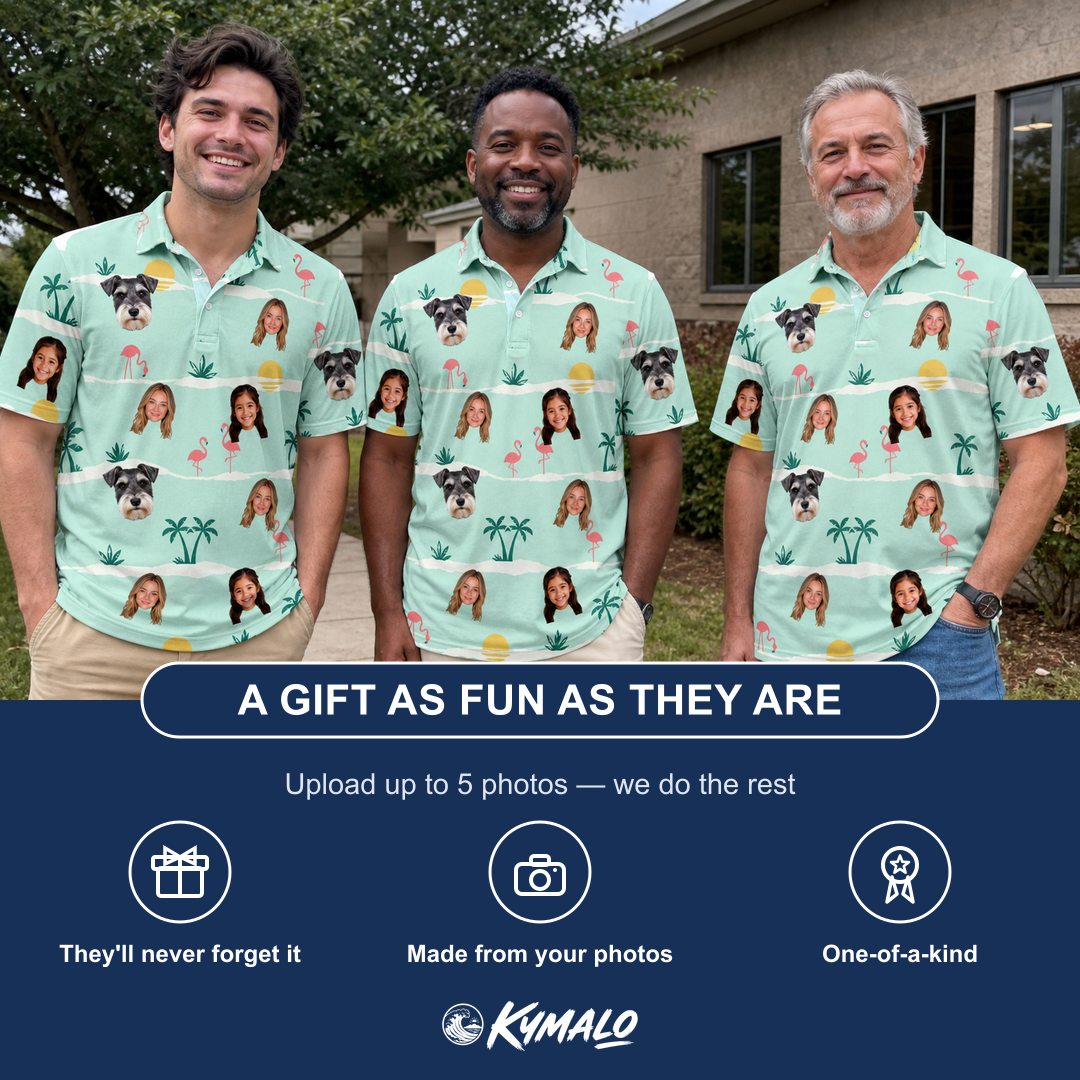 Friends in matching Men's Roseate Runners Custom Face Polo Shirt — a group gift photo