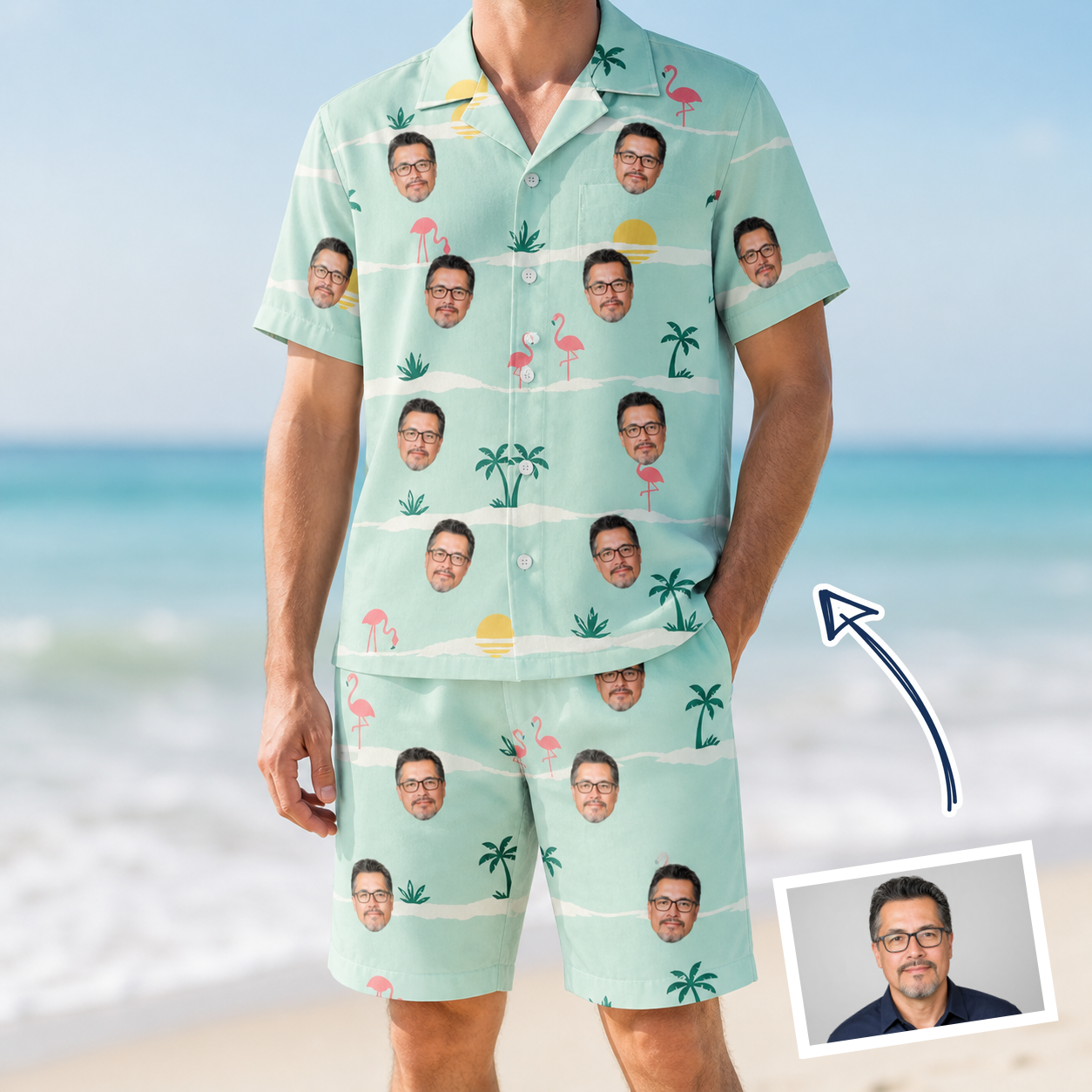 Man wearing Men's Roseate Runners Custom Face Shirt & Shorts Set — custom faces printed all-over