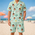 Model wearing Men's Roseate Runners Custom Face Shirt & Shorts Set printed with kids' faces