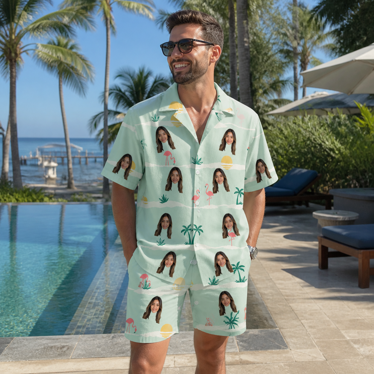 Real-life photo of someone wearing Men's Roseate Runners Custom Face Shirt & Shorts Set — custom faces printed all-over