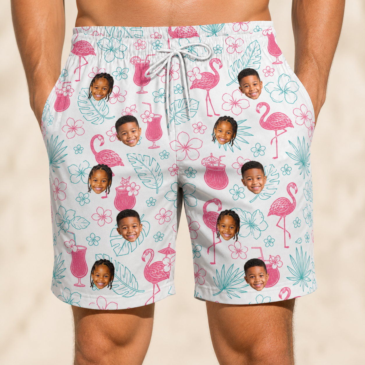 Model wearing Men's Pink Pours Custom Face Beach Shorts printed with kids' faces