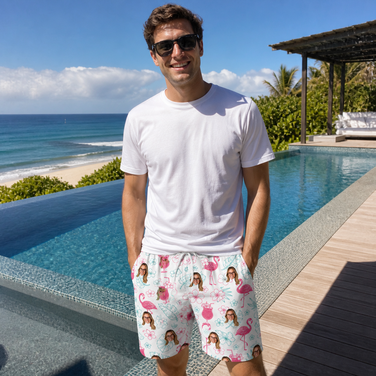 Real-life photo of someone wearing Men's Pink Pours Custom Face Beach Shorts — custom faces printed all-over