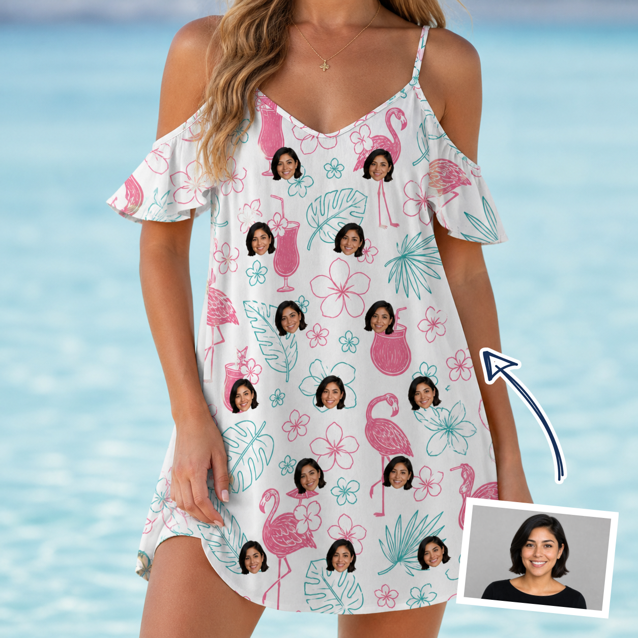 Woman wearing Women's Pink Pours Custom Face Off-Shoulder Dress — custom faces printed all-over