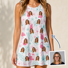 Woman wearing Women's Pink Pours Custom Face Tank Dress — custom faces printed all-over