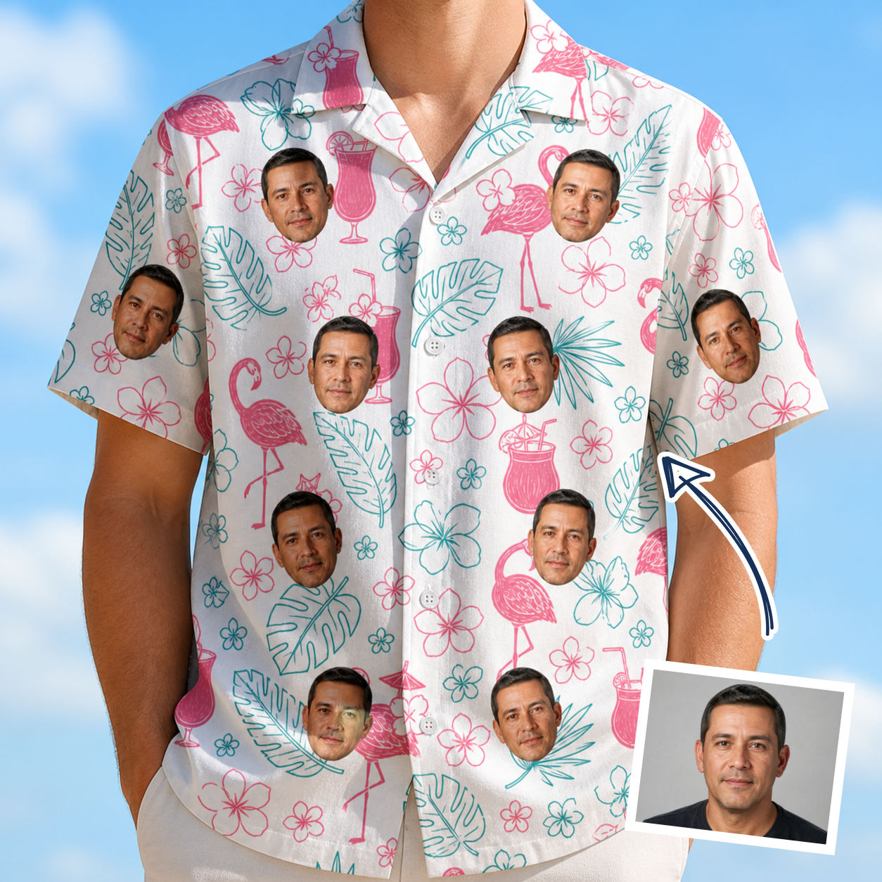 Man wearing Men's Pink Pours Custom Face Hawaiian Shirt — custom faces printed all-over