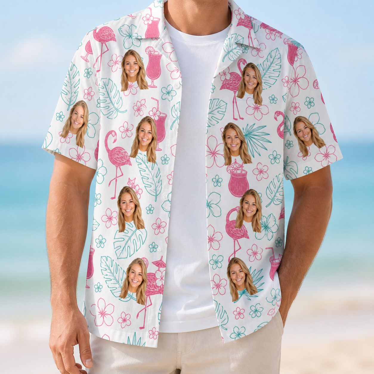Man wearing Men's Pink Pours Custom Face Hawaiian Shirt open over a white tee
