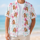 Man wearing Men's Pink Pours Custom Face Hawaiian Shirt open over a white tee