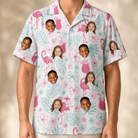Model wearing Men's Pink Pours Custom Face Hawaiian Shirt printed with kids' faces