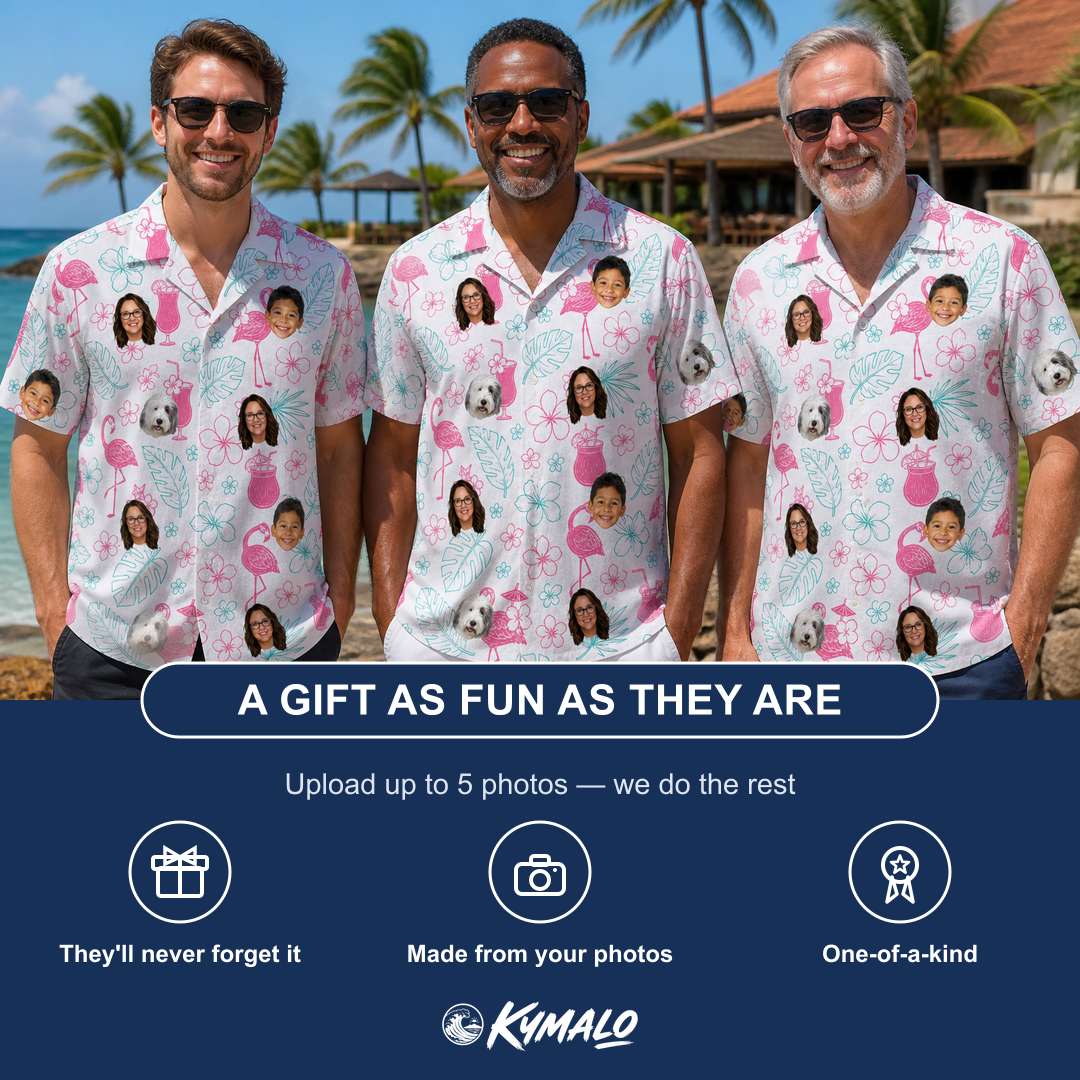 Friends in matching Men's Pink Pours Custom Face Hawaiian Shirt — a group gift photo