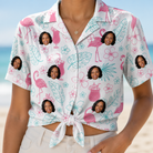 Woman wearing Women's Pink Pours Custom Face Hawaiian Shirt tied at the waist