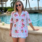 Real-life photo of someone wearing Women's Pink Pours Custom Face Hawaiian Shirt — custom faces printed all-over