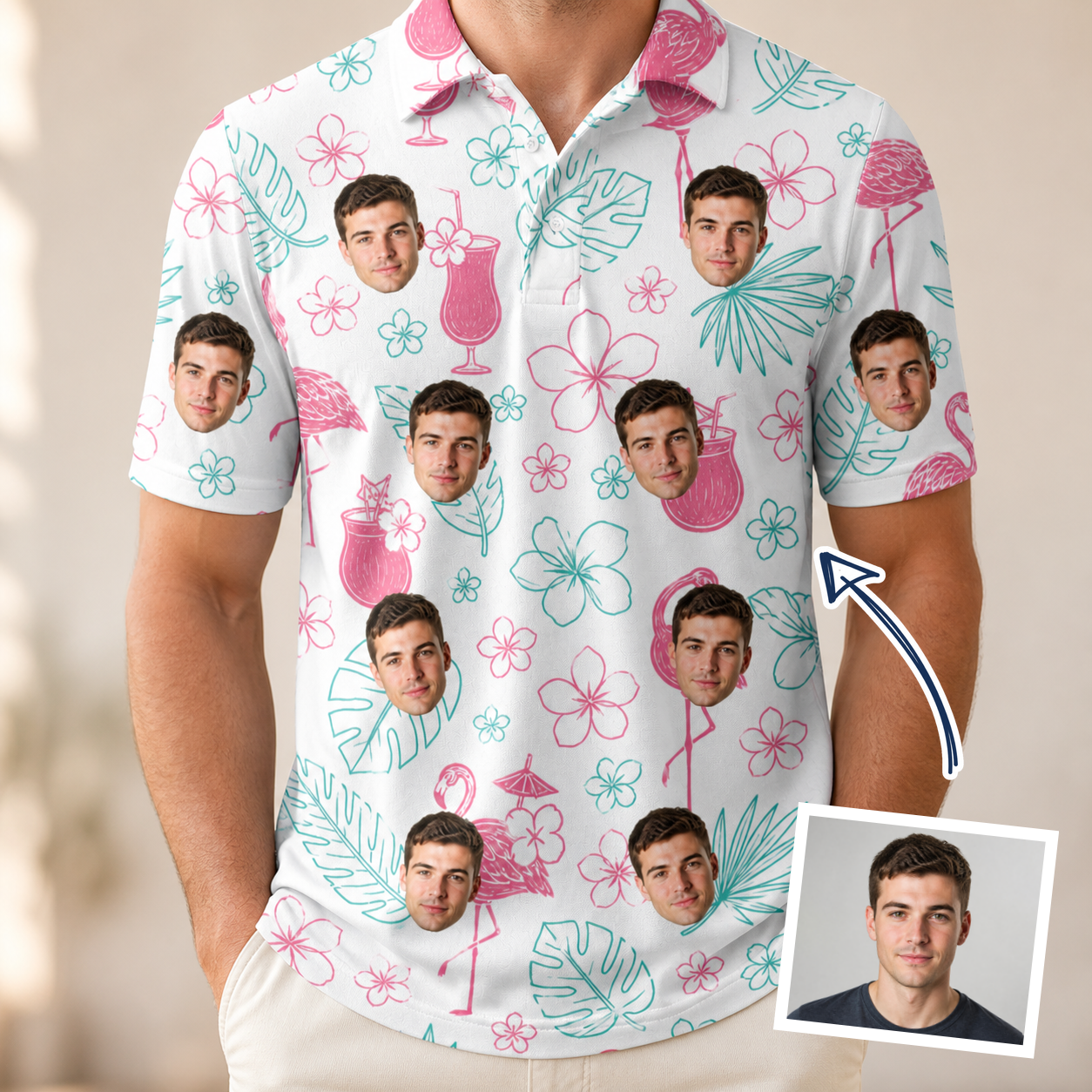 Man wearing Men's Pink Pours Custom Face Polo Shirt — custom faces printed all-over