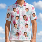 Model wearing Men's Pink Pours Custom Face Polo Shirt printed with kids' faces