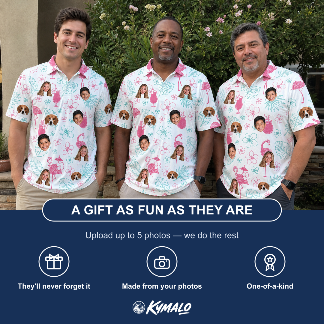 Friends in matching Men's Pink Pours Custom Face Polo Shirt — a group gift photo