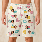 Model wearing Men's Rosy Rafties Custom Face Beach Shorts printed with kids' faces