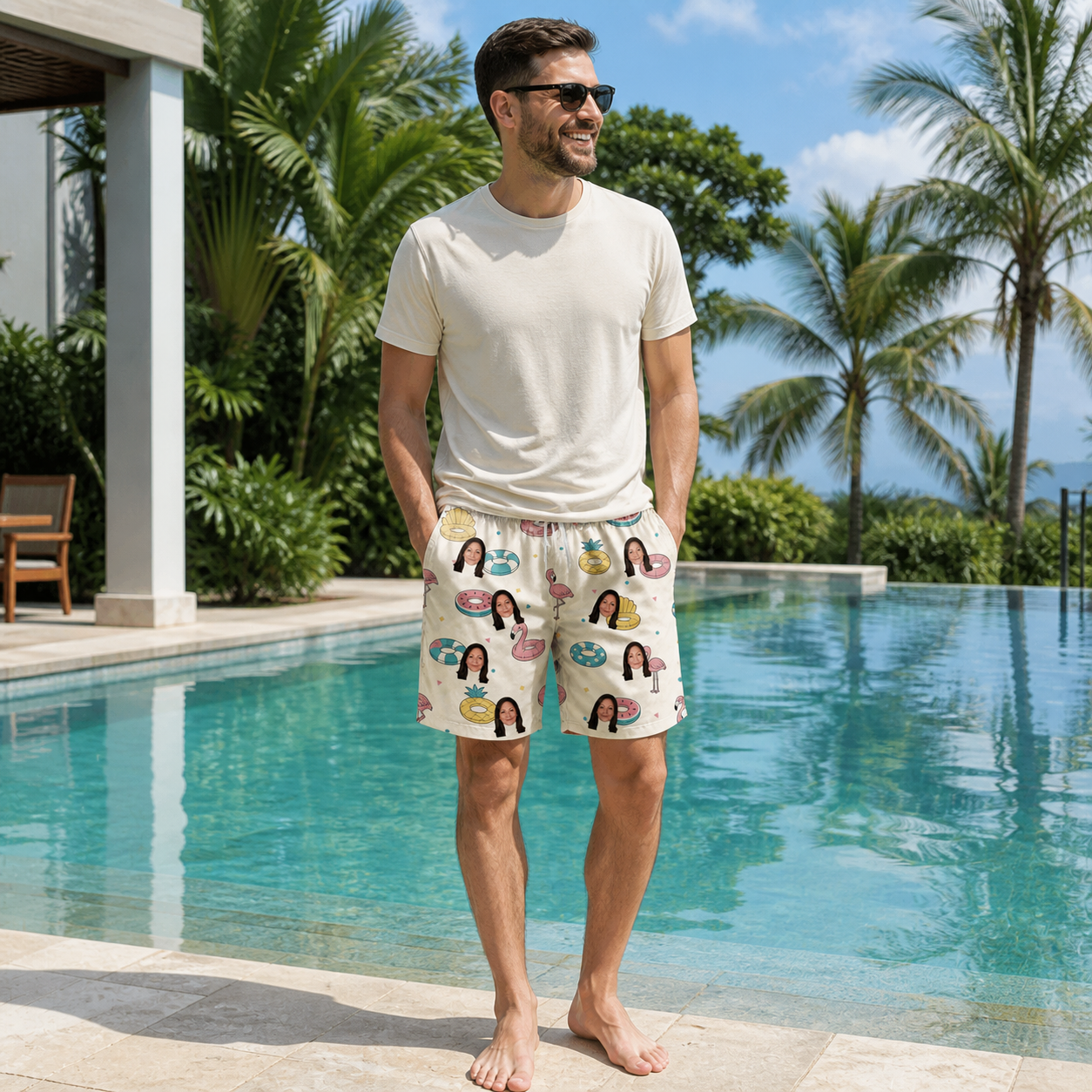 Real-life photo of someone wearing Men's Rosy Rafties Custom Face Beach Shorts — custom faces printed all-over