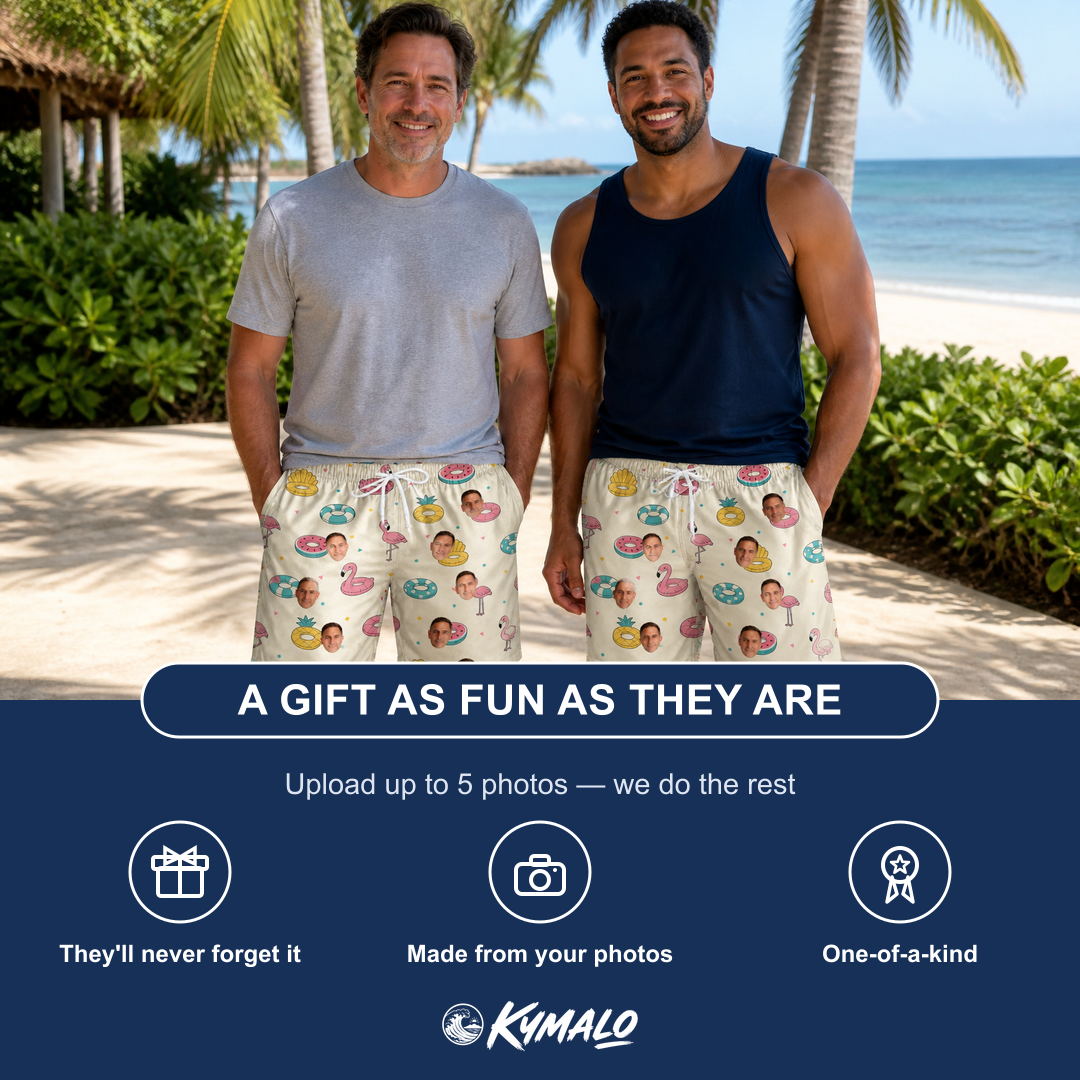 Friends in matching Men's Rosy Rafties Custom Face Beach Shorts — a group gift photo