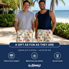 Friends in matching Men's Rosy Rafties Custom Face Beach Shorts — a group gift photo
