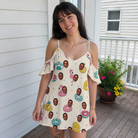 Real-life photo of someone wearing Women's Rosy Rafties Custom Face Off-Shoulder Dress — custom faces printed all-over