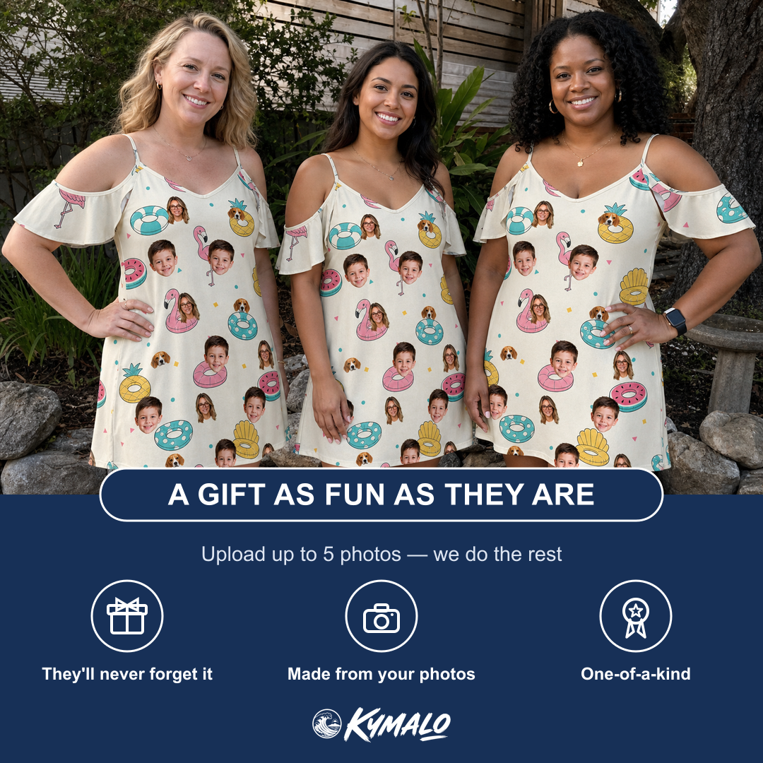 Friends in matching Women's Rosy Rafties Custom Face Off-Shoulder Dress — a group gift photo