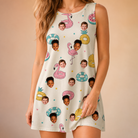 Model wearing Women's Rosy Rafties Custom Face Tank Dress printed with kids' faces