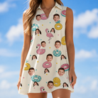 Model wearing Women's Rosy Rafties Custom Face V-Neck Dress printed with kids' faces